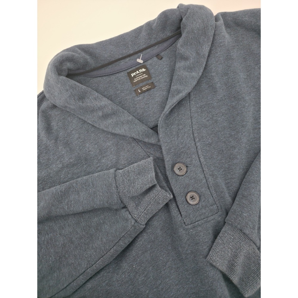 Prana Womens Hemp Blend Shawl Collar Button Sweatshirt Blue Gray Large